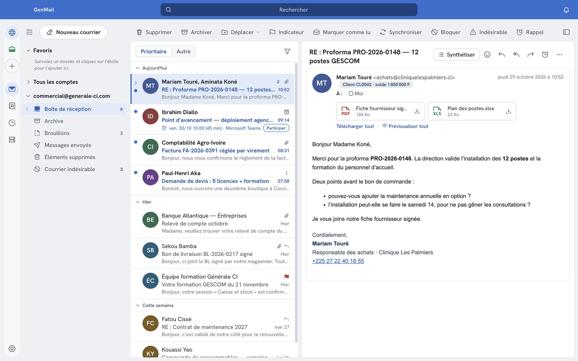 GenMail : boîte de réception, conversation avec un client et proforma en pièce jointe